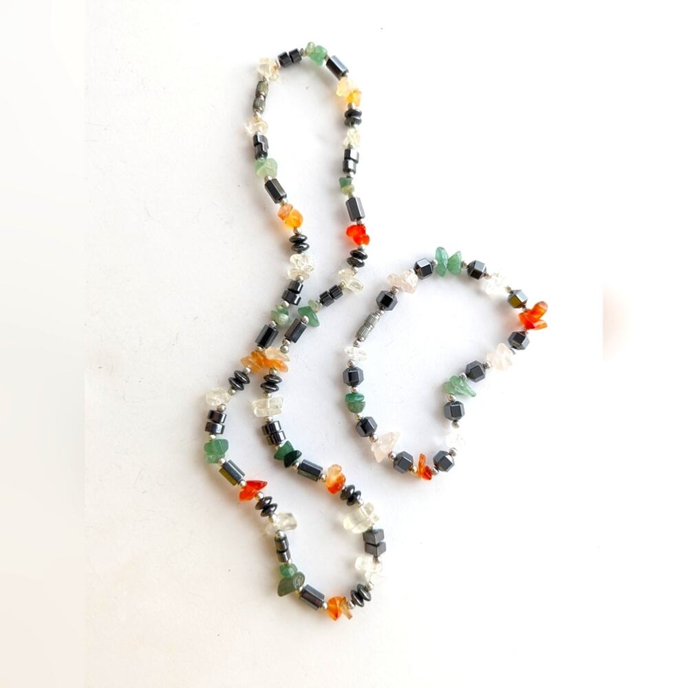 Artisan Crafted Natural Gemstone Quartz Emerald Hematite Necklace Bracelet Set